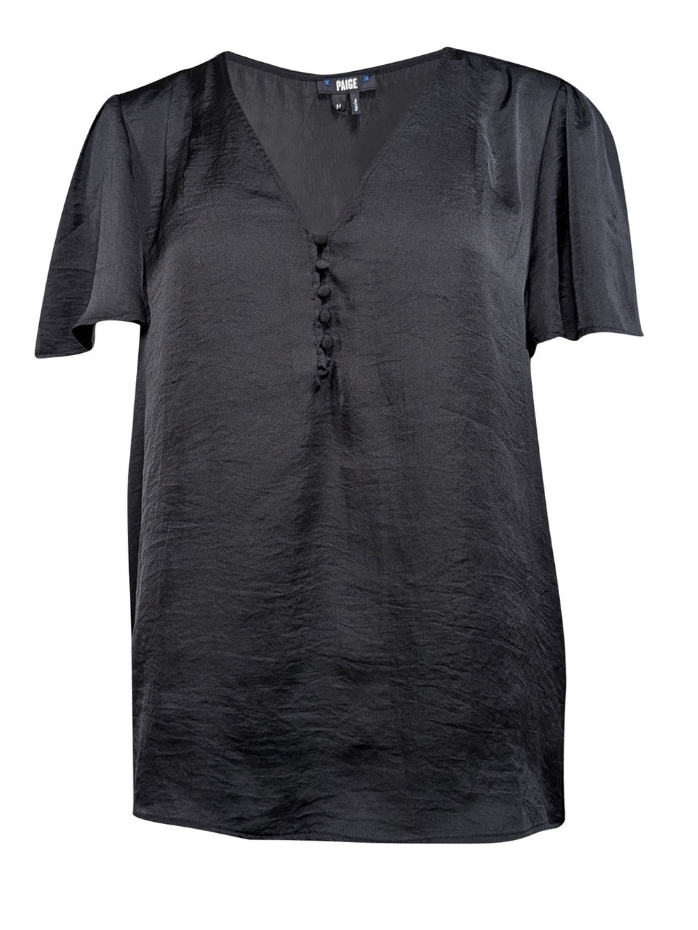 NWT! PAIGE Sevina Black Satin Button-Front V-Neck Short Sleeve Blouse